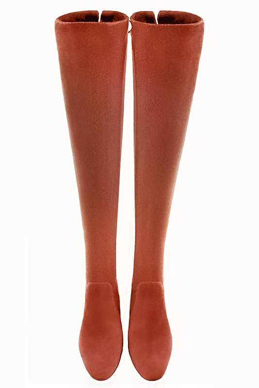 Terracotta orange women's leather thigh-high boots. Round toe. Medium block heels. Made to measure. Top view - Florence KOOIJMAN